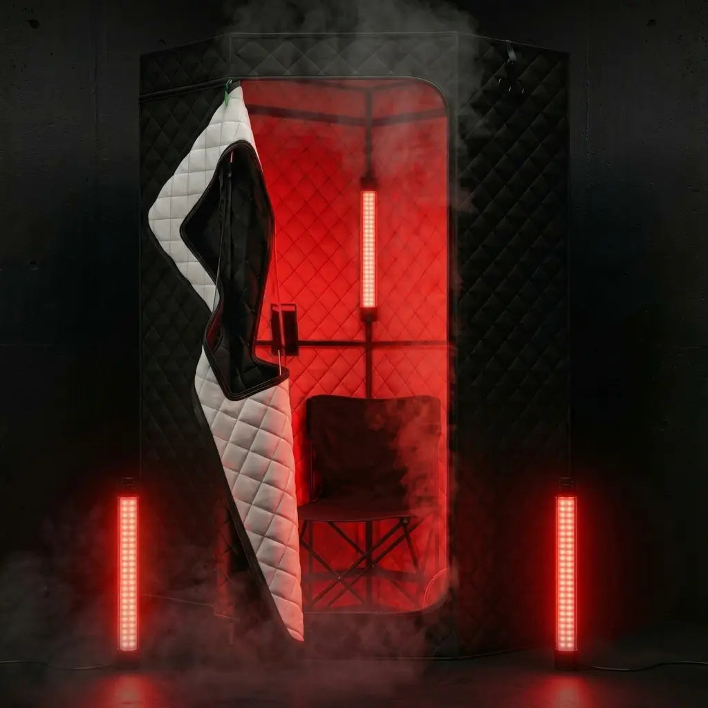 A dark, moody product photo of a privacy sauna cabin with a black quilted exterior, a white quilted side panel, a black interior chair, and glowing red LED light bars on the walls and floor.