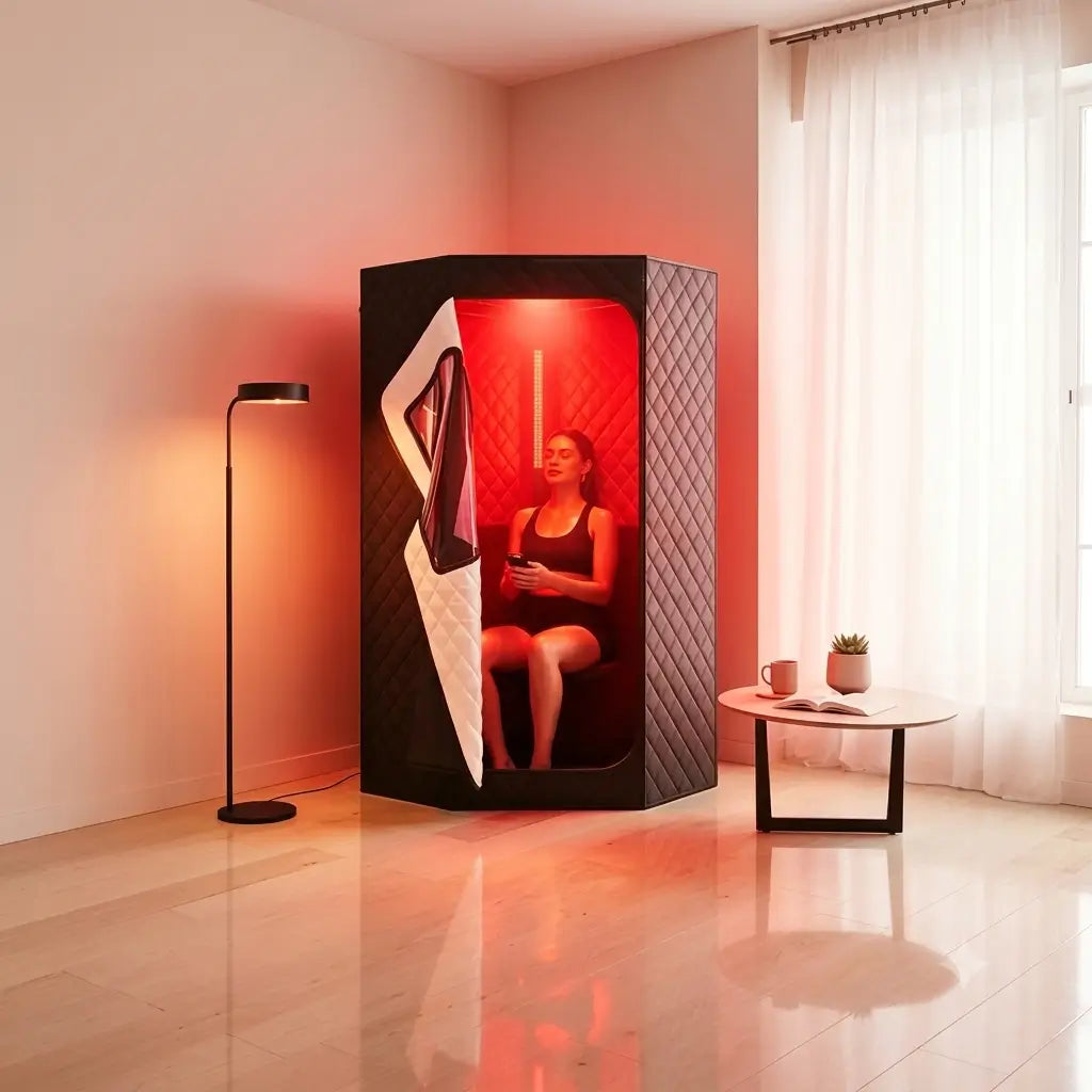 A woman sits inside a black privacy pod sauna in a modern room with warm red and orange lighting. The room has beige walls, a floor lamp, and a small side table with a cup and plant.