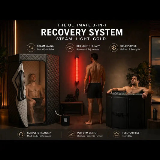 3-in-1 recovery system with steam sauna, light therapy, and cold plunge in a modern room.