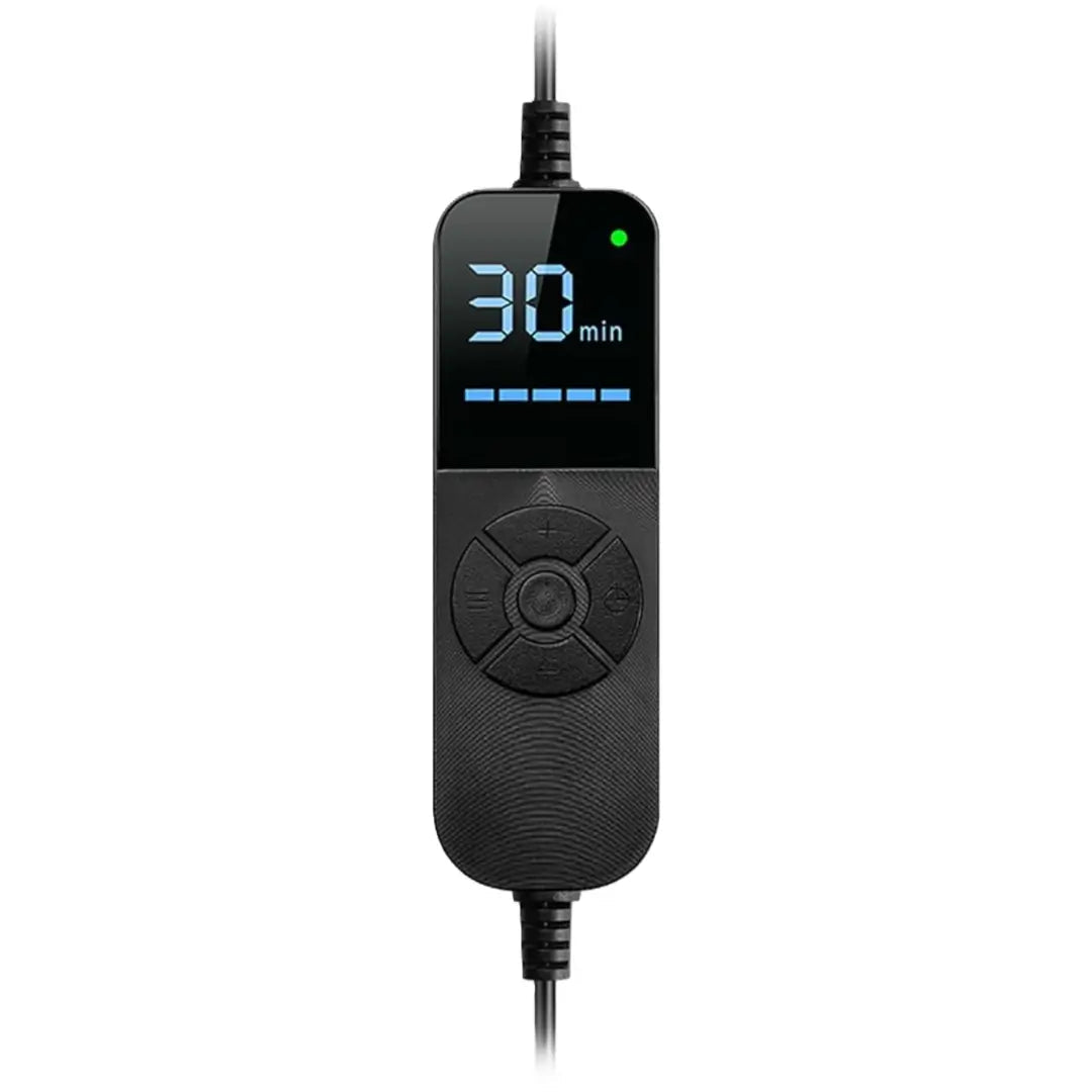Black electronic device with digital display on a white background