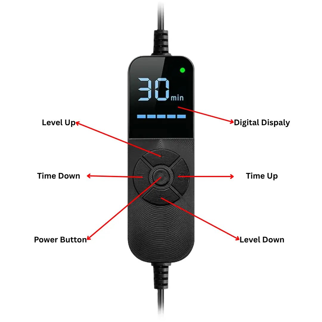 Black electronic device with digital display and control buttons on a white background