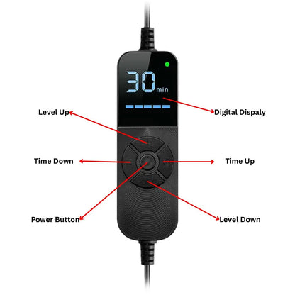 Black electronic device with digital display and control buttons on a white background