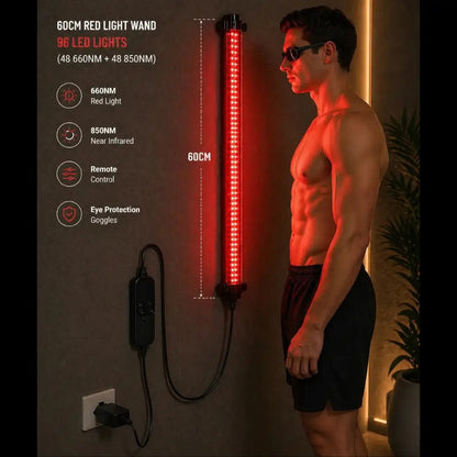 Man standing next to a 60cm red light wand with product details on a dark background