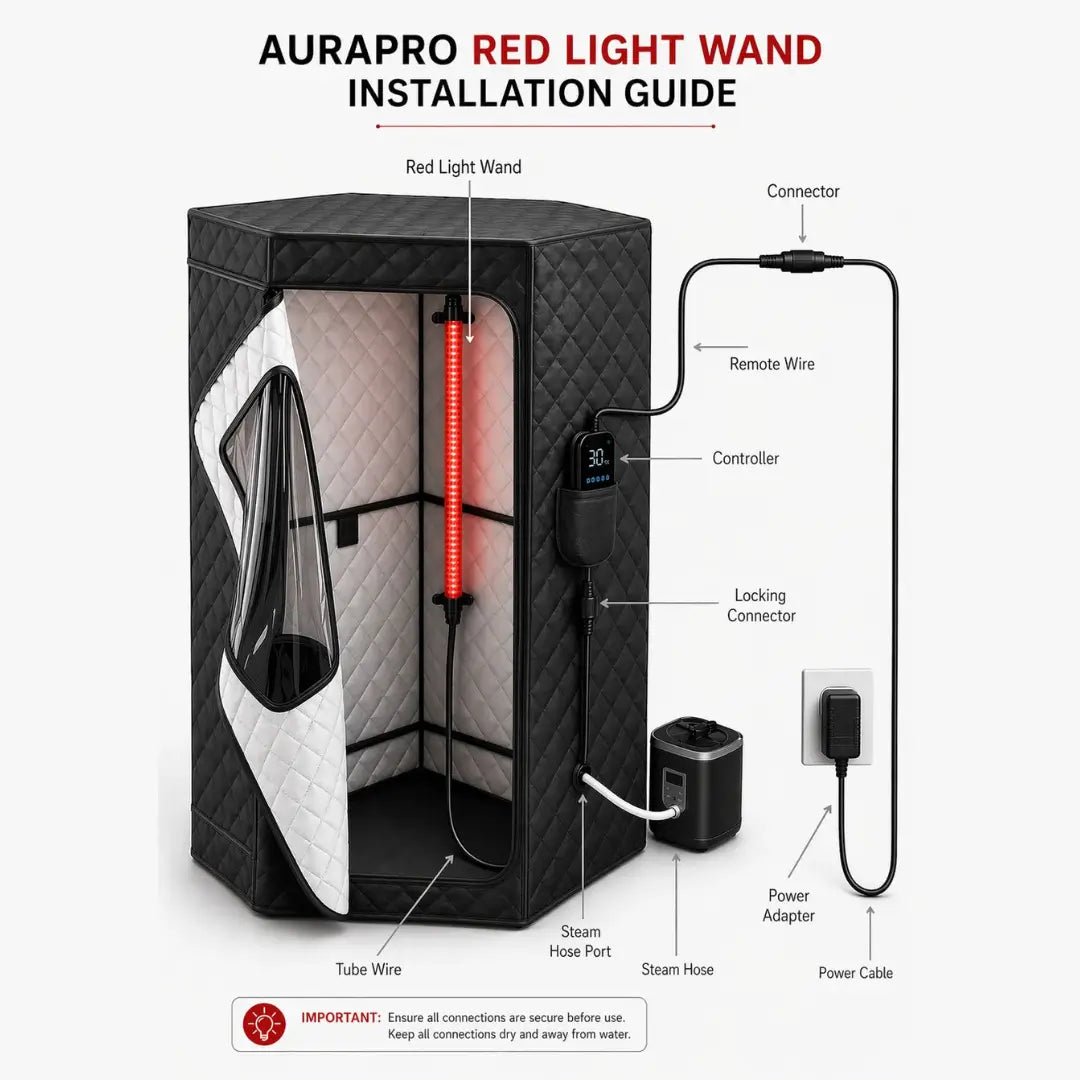 Spectrum Bundle - Aurapro Red Light Wand installation guide with labeled parts on a white background