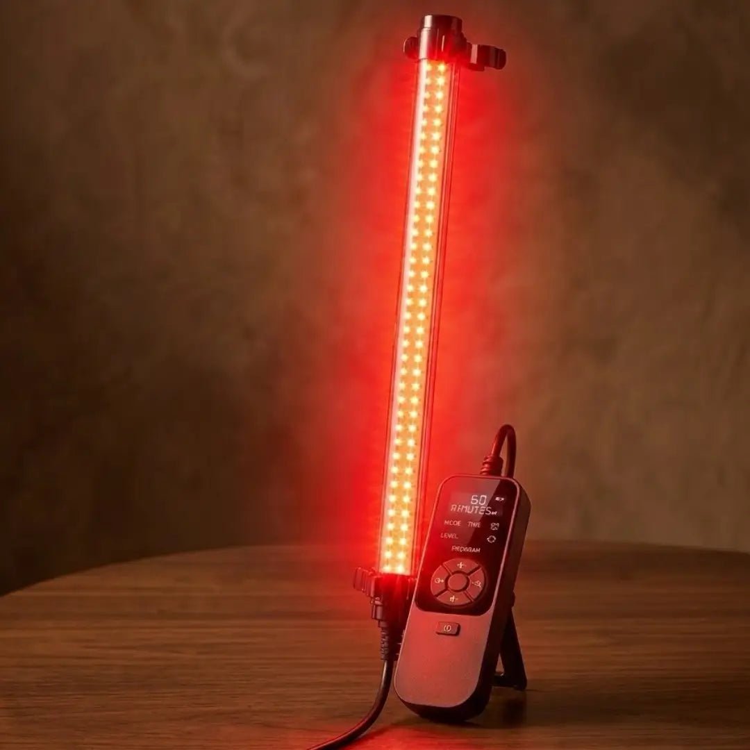 A red light therapy panel standing on a small black stand on a wooden table, with its remote control placed beside it. The device is illuminated, casting a strong red glow against a warm brown textured background.