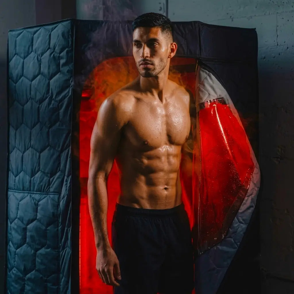 A shirtless man stands inside a dark portable sauna tent with a red interior and quilted side panels, photographed in a moody indoor setting.