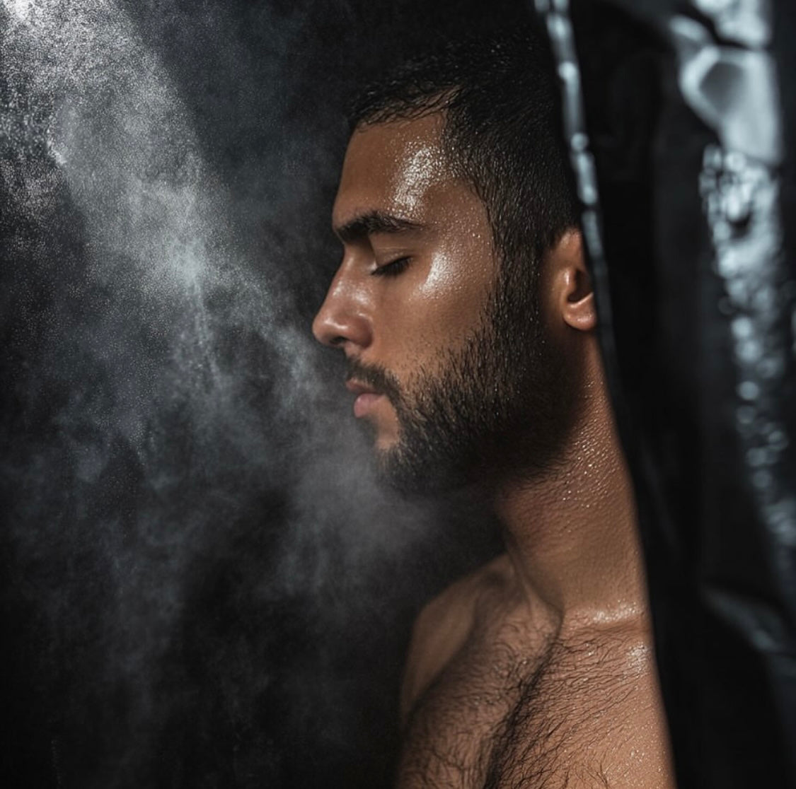 MAN SWEATING IN STEAM SAUNA