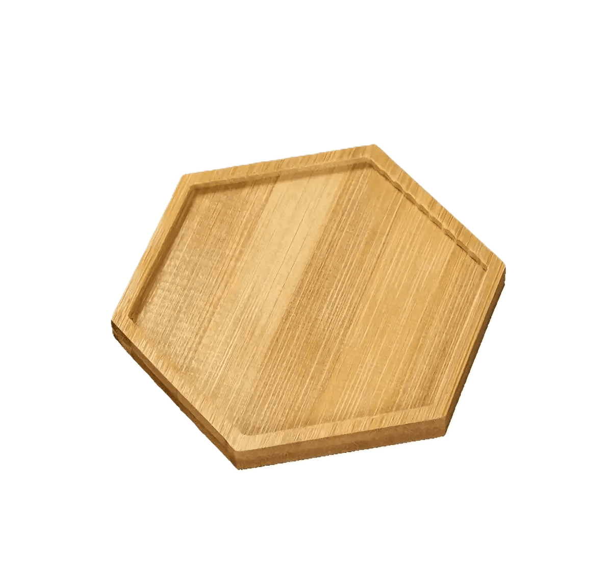 Hexagonal wooden tray on a white background